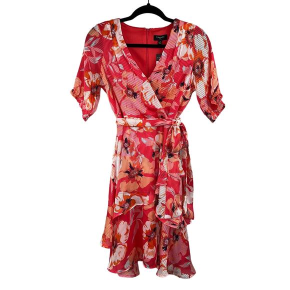 Tahari ASL Ruffle Hem Tie Waist V-Neck Short Sleeve Pink Floral Mini Dress 2 NWT - Picture 2 of 16